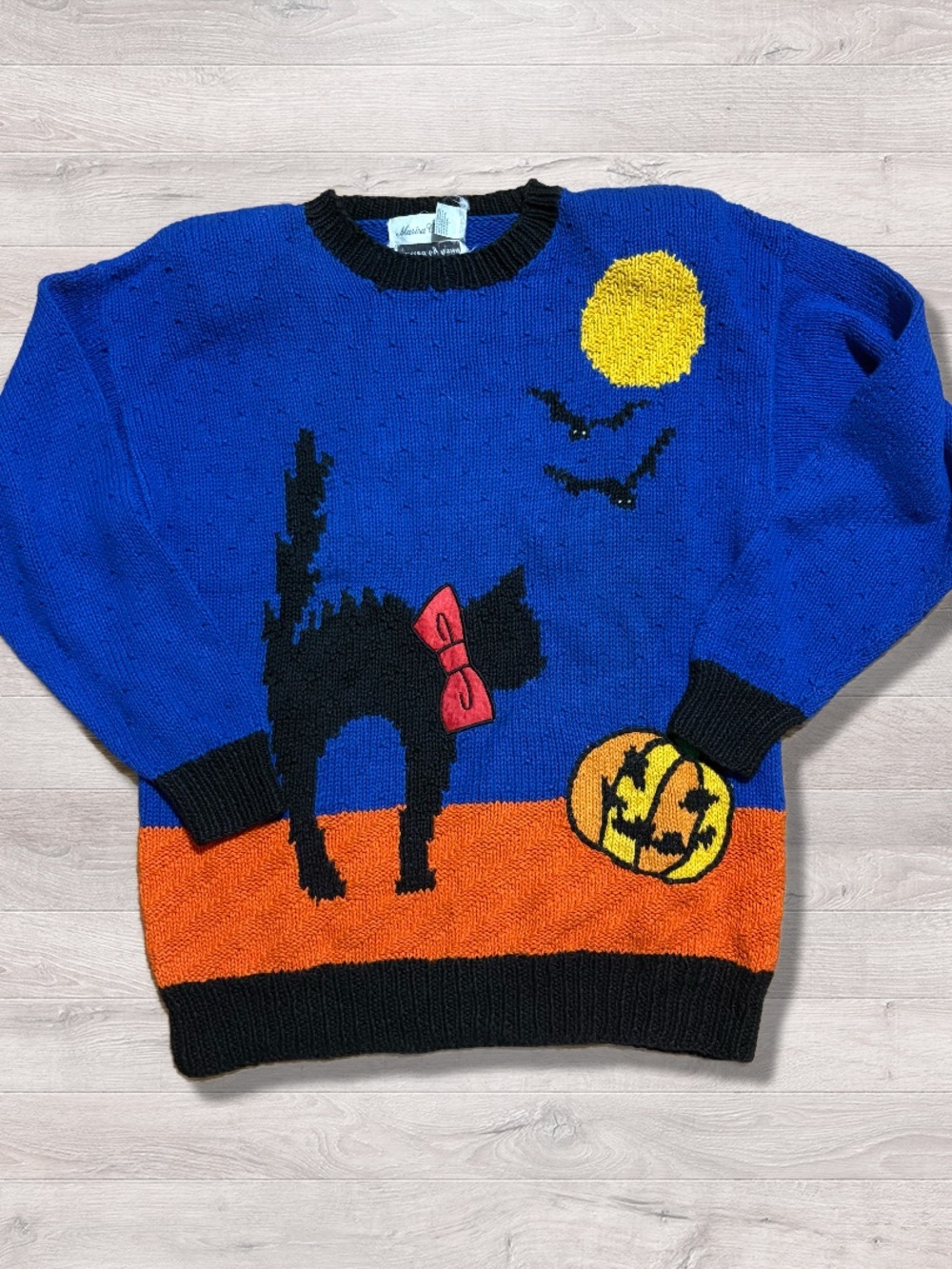 Vintage 90s Marisa Christina Halloween Hand Knit Cat Moon Sweater Crewneck Large